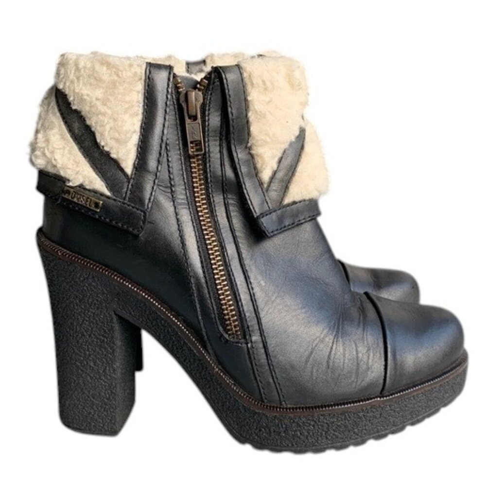 Diesel Shearling Platform Ankle Boots Womens 6 Black Heeled Moto Grunge